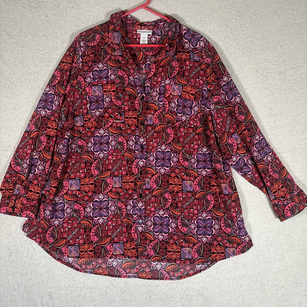 Catherines Womens 1X Red Purple Geometric Floral Button Down Shirt Roll Tab Top